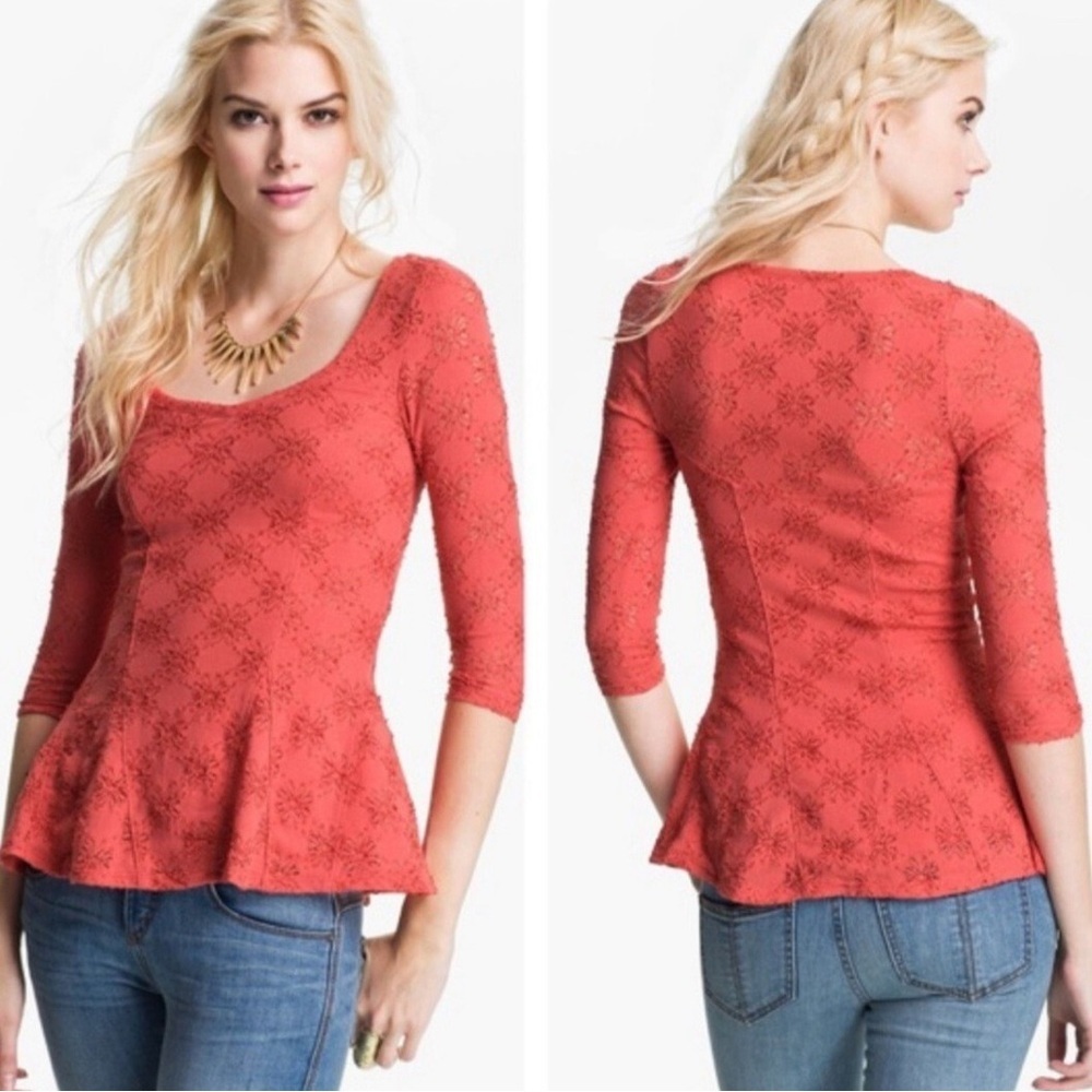 Free People Lace Peplum Daisy Pointelle Persimmon Unlined Top Size medium